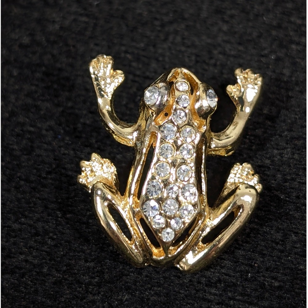 Vintage Gold Tone Rhinestone Frog Brooch Cute Amphibian Animal Pin